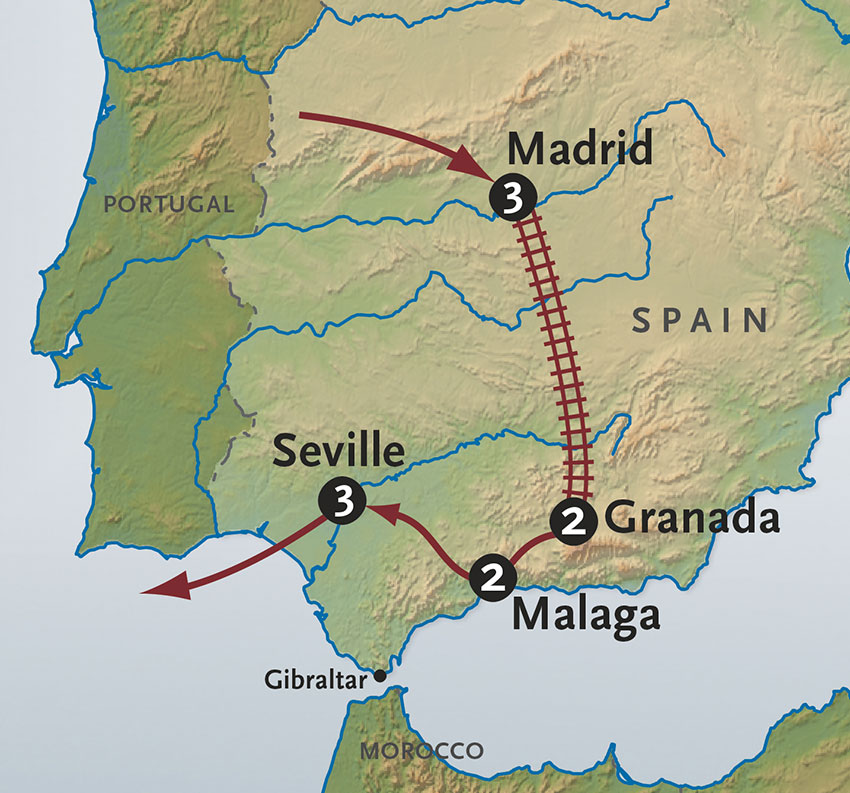 Spain by Rail with Malaga Itinerary Map